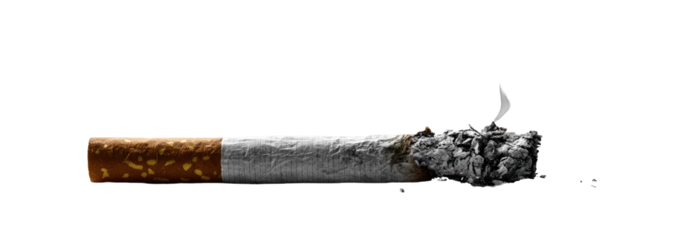 A cigarette, partially smoked, with ash and smoke