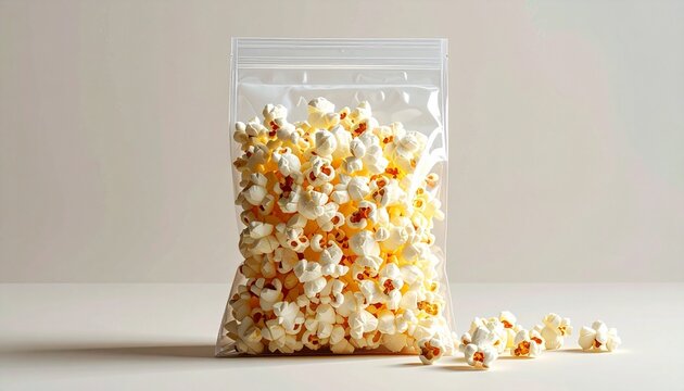 Clear resealable plastic bag filled with popcorn on light surface, fresh and portable snack concept - Powered by Adobe