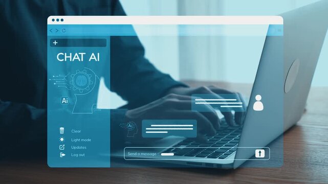 A futuristic workspace featuring a laptop with an AI chat interface, emphasizing digital communication and technology-enhanced collaboration in modern settings. Qubit