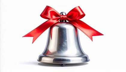 Shiny silver bell with flared shape and reflective surface, adorned with vibrant red satin bow, isolated on transparent background
