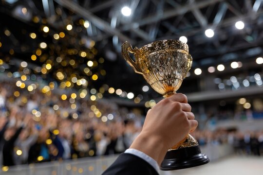 A hand proudly holds up a trophy amidst a joyful crowd, marking a moment of winning and success. The atmosphere is filled with excitement as the team celebrates their incredible achievement