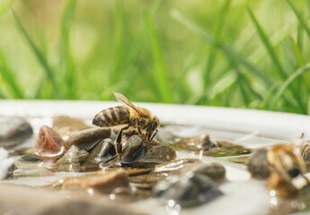 A Honey Bee sips water from a makeshift puddle with pebbles, seeking respite from the summer heat and quenching its thirst in the afternoon sunshine, framed by lush green grass