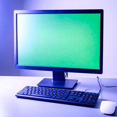 Fototapeta premium a minimalist desk setup with a large desktop monitor with a blank screen, surrounded by a keyboard and a mouse, on a sleek gray table