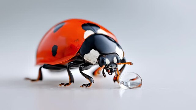 Vibrant ladybug engaging with a water droplet, showcasing intricate details and textures, illustrating the delicate interaction between nature and its environment