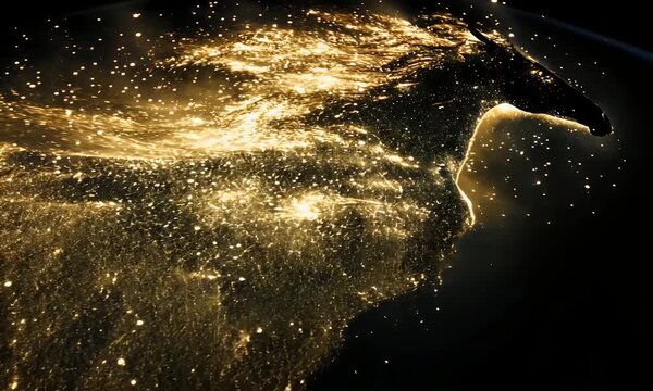 Silhouette of a horse golden-lit with a textured star-like pattern overlaying its form against a black background