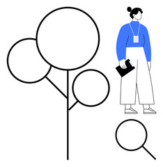 Abstract tree with circular shapes, magnifying glass, and woman holding papers. Ideal for research, environment, exploration, discovery, study, growth analysis simple flat metaphor
