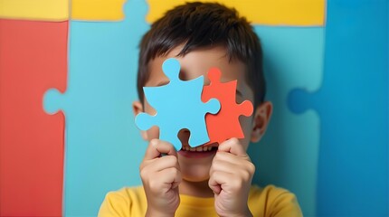 Smiling Child Holding Puzzle Pieces for Autism Awareness Neurodiversity Developmental Support and Inclusive Education