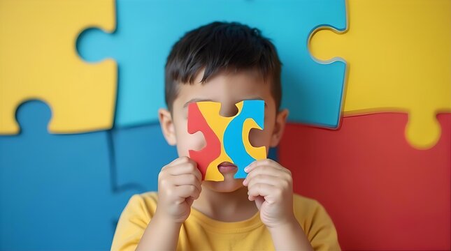Young Child Holding Vibrant Puzzle Piece for Autism Awareness, Neurodiversity, and Childhood Development.
