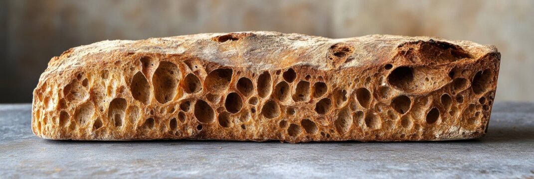 Rustic bread loaf showcasing open crumb structure captured in a cozy bakery setting during daylight hours