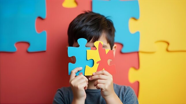 Young Boy Holding Colorful Puzzle Pieces for Autism Awareness, Childhood Development, and Inclusive Education Support.