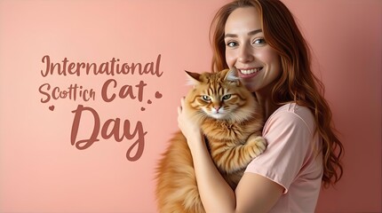 Happy Young Woman Smiling and Cuddling Her Fluffy Ginger Cat. Pet Owner, Animal Lover, Companionship, Veterinary, Lifestyle Content.