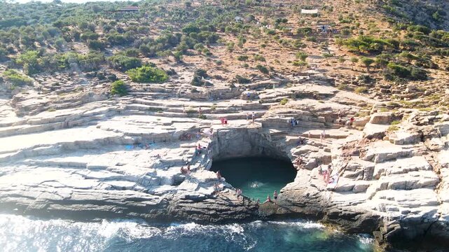 Giola lagoon in Thassos Island, Greece.  One of the most place in Thassos. Amazing sea with clear blue water. Aerial panoramic drone view from above, top view from drone. Summer holidays Europe
