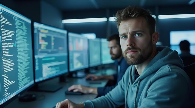 Focused Male Software Developer Coding on Multiple Screens in Modern Cybersecurity Operations Center