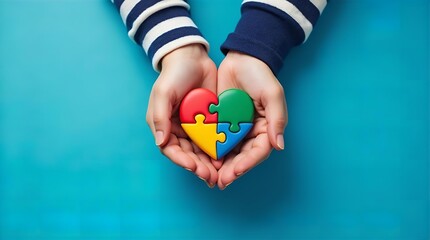 Caring Hands Holding Colorful Heart Puzzle. Promoting Autism Awareness, Diversity, Inclusion, Community Support, Love, Unity.