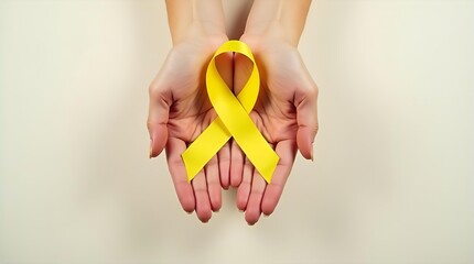 Hands Holding Yellow Ribbon for Awareness, Support, and Solidarity. Symbol of Hope for Childhood Cancer, Endometriosis, Suicide Prevention Campaigns.