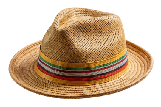 Stylish woven straw summer hat with colorful band isolated transparent background