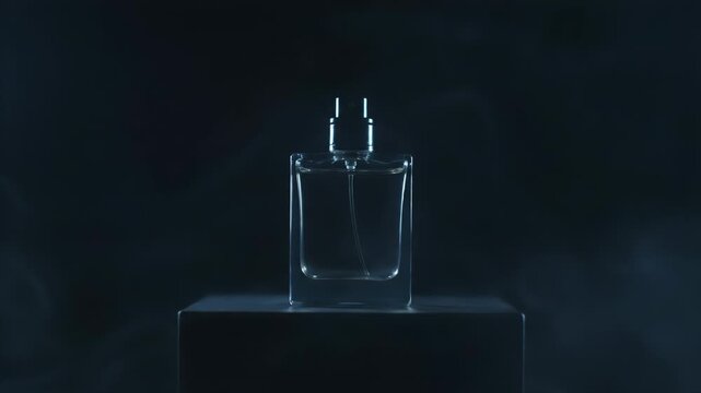 A clear rectangular glass perfume bottle with a silver cap sits on a dark cube, surrounded by wisps of cool blue smoke.