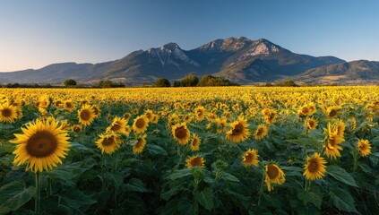 Fototapeta premium Panoramic sunflower field with distant mountains at sunrise
