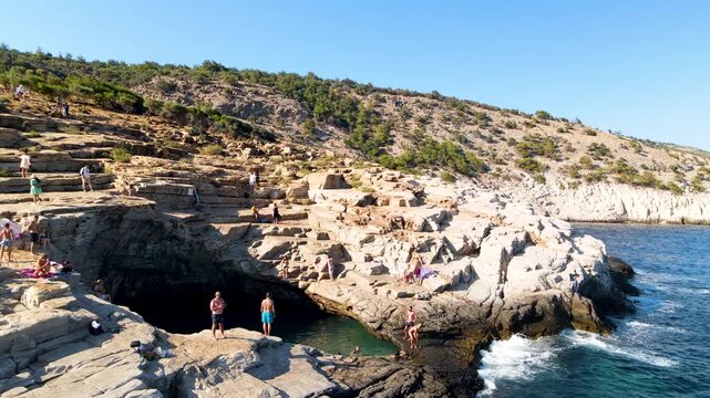 Giola lagoon in Thassos Island, Greece.  One of the most place in Thassos. Amazing sea with clear blue water. Aerial panoramic drone view from above, top view from drone. Summer holidays Europe
