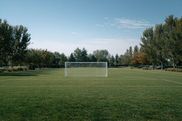 Obraz premium Empty soccer field with clear sky and trees