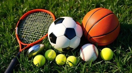 Collection of Sports Equipment on Green Grass. Ideal for Promoting Fitness, Active Lifestyles, Youth Sports, Outdoor Recreation, and Healthy Living.