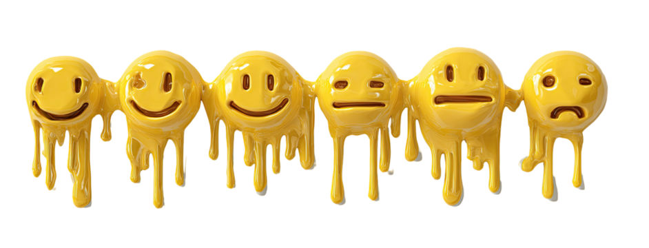 Melted yellow emoji faces in a row - Powered by Adobe