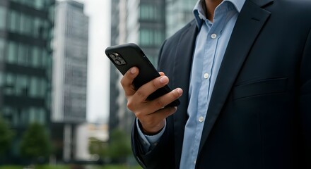 Professional businessman using his mobile phone for business communication in the city, checking email, texting clients, and managing his schedule with modern mobile technology
