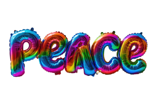 Colorful, iridescent, stylized text "Peace" in a 3D balloon-like font