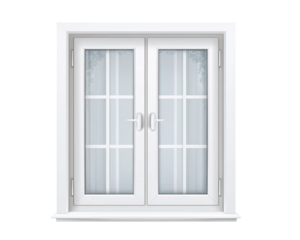 White double-hung window with frosted glass and curtains