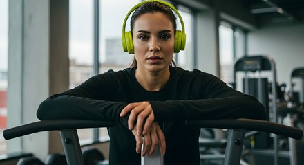 Confident woman in workout gear takes a breather with vibrant green headphones after intense gym session focusing on wellness and health, a modern fitness lifestyle concept