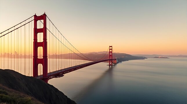 Iconic Golden Gate Bridge At Golden Sunset Over Calm Bay Waters Inspiring Travel Tourism And Future Business Opportunities