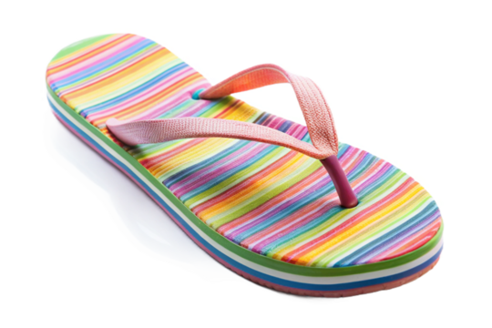 Vibrant striped summer flip flop sandal isolated for fashion and beachwear design transparent background