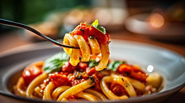 Bucatini pasta twirls around fork over a plate of delicious tomato sauce and fresh basil