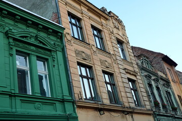 Facades of historical buildings in the old center of Brasov city in Transylvainia, Romania