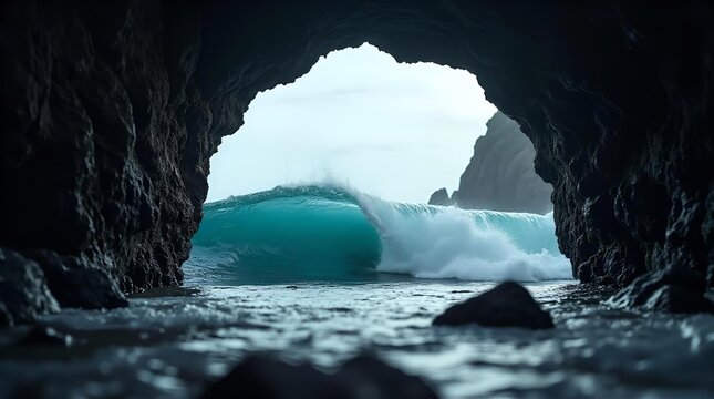 Powerful Blue Ocean Wave Crashing Inside Dark Sea Cave Entrance. Coastal Adventure, Nature Exploration, Travel Blog, Web Design.