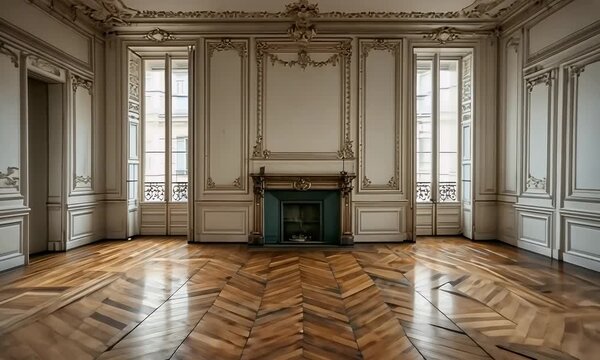 Empty elegant room with ornate details  Light beige walls  ornate trim  large windows  a wood-burning fireplace