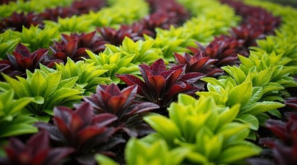 Vibrant green and deep burgundy rosette plants arranged in alternating rows create a stunning garden pattern for decorative landscaping.