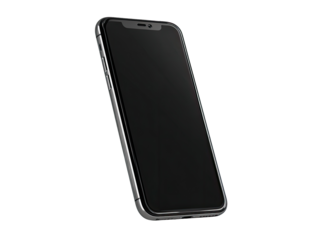 Sleek, gray smartphone angled, black screen