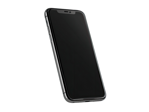 Sleek, gray smartphone angled, black screen