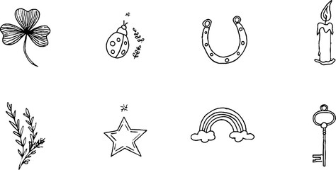Minimalist line art set featuring clover, horseshoe, and coin for boho aesthetic designs