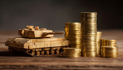 On a wooden surface there is a model of a tank, next to it there are columns of gold coins