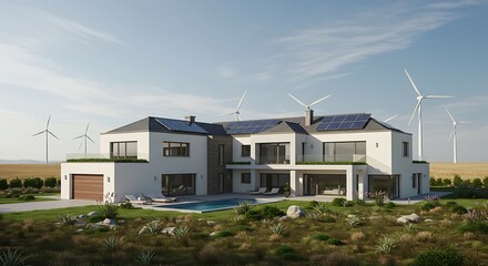 Sustainable Modern Home with Wind Turbines and Solar Panels.