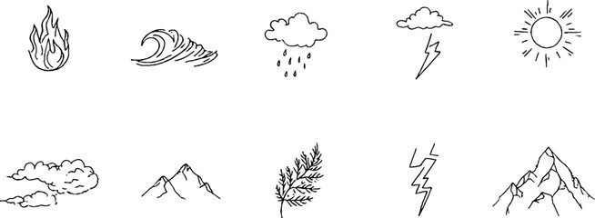 Fototapeta premium Minimalist line art elements of nature featuring fire, water, wind, and earth for design projects