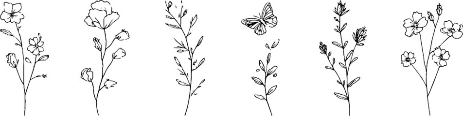 Fototapeta premium Minimalist line art collection featuring flowers and butterfly for aesthetic designs