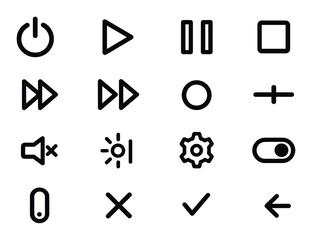 Media controls linear icon set. featuring play, pause, stop, forward, backward, volume, and settings symbols.