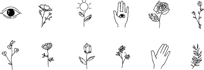 Minimalist line art collection of hands and flowers for aesthetic designs