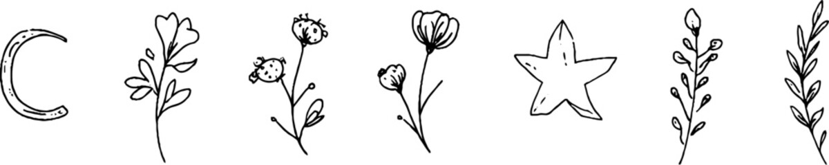 Minimalist line art set featuring horseshoe, clover, and coin for bohemian designs