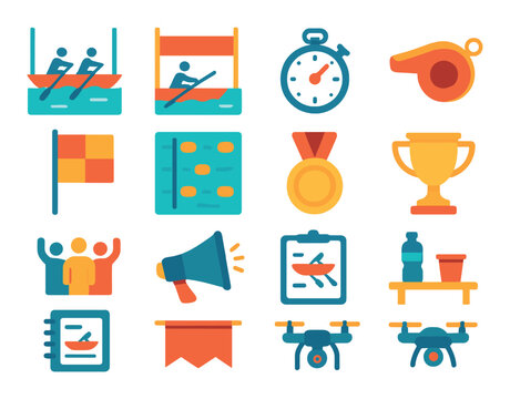 Sports events flat icon set. featuring rowing, stopwatch, whistle, medal, trophy, clipboard, and drone.