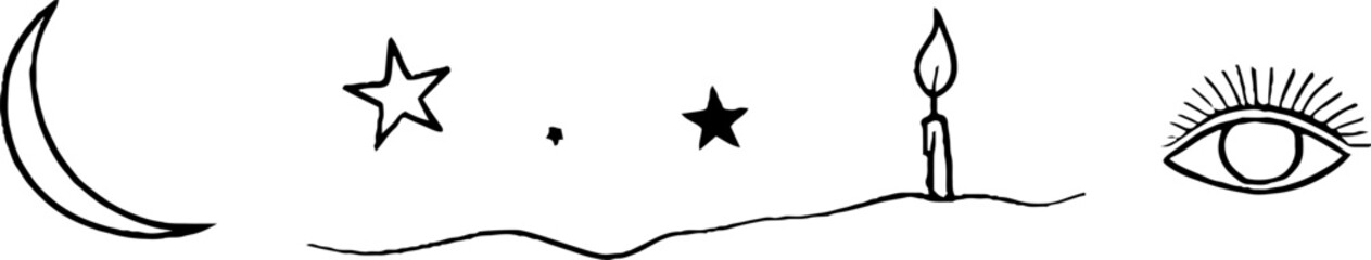 Minimalist boho line art featuring moon stars candle and eye design