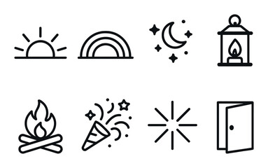 Nature and celebration linear icon set. featuring sunrise, rainbow, night sky, lantern, campfire, party, sparkle, portal.